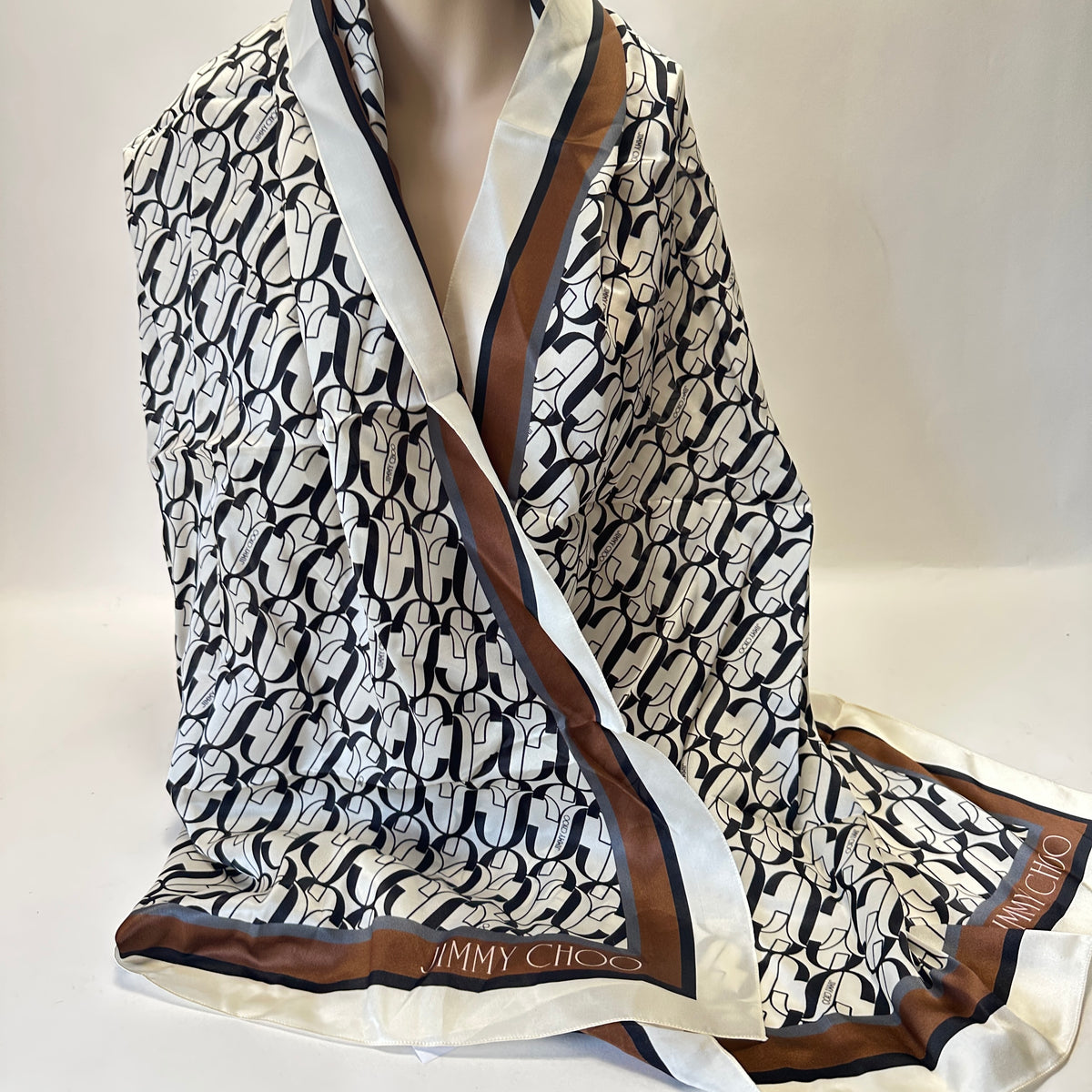 Silk Scarf - Monogram - White/Brown