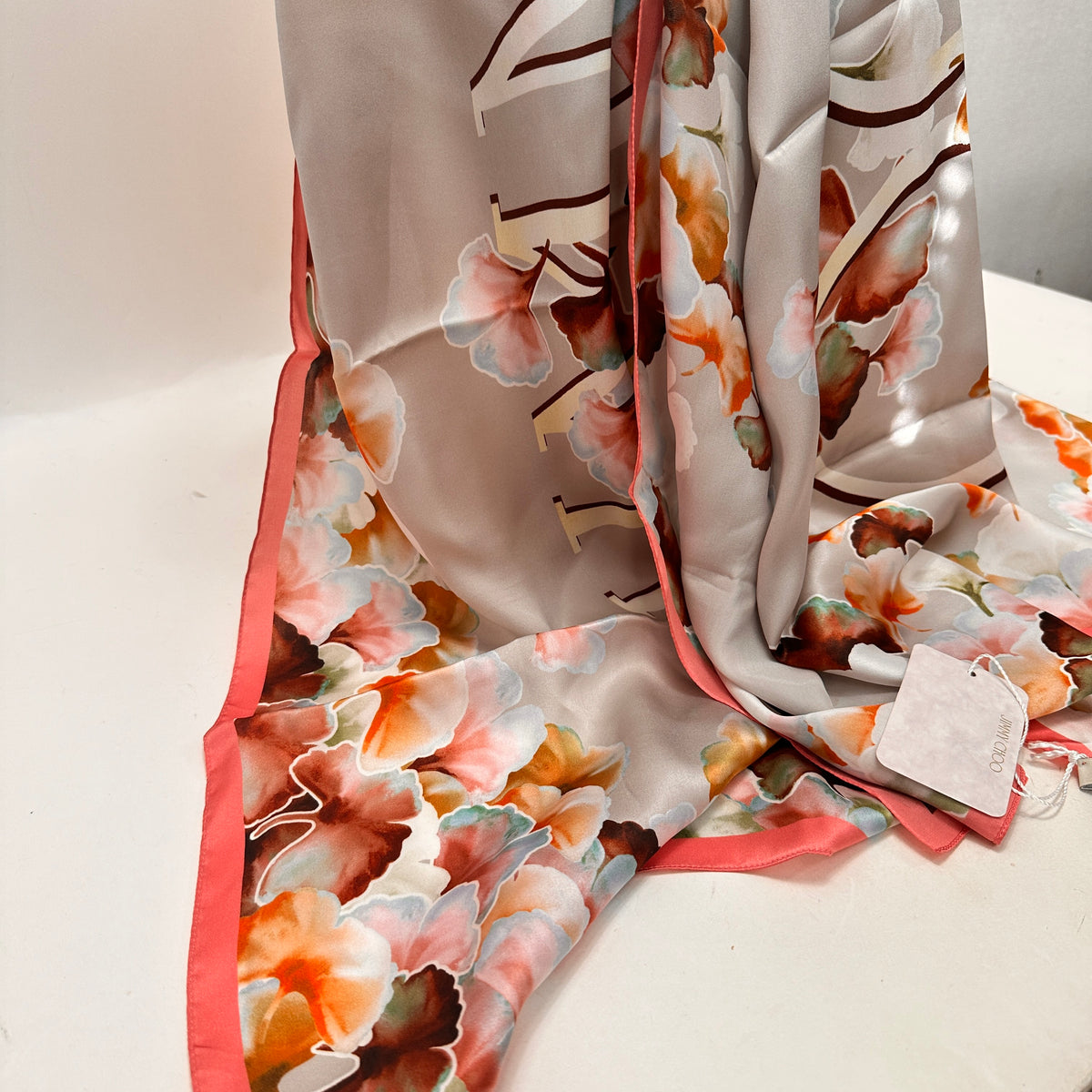 Floral Silk Scarf - Grey - Pink