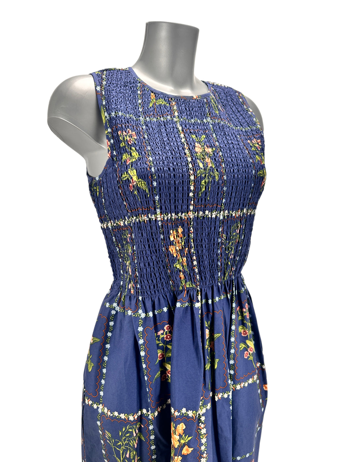 Smocked Floral Dress - Blue - S