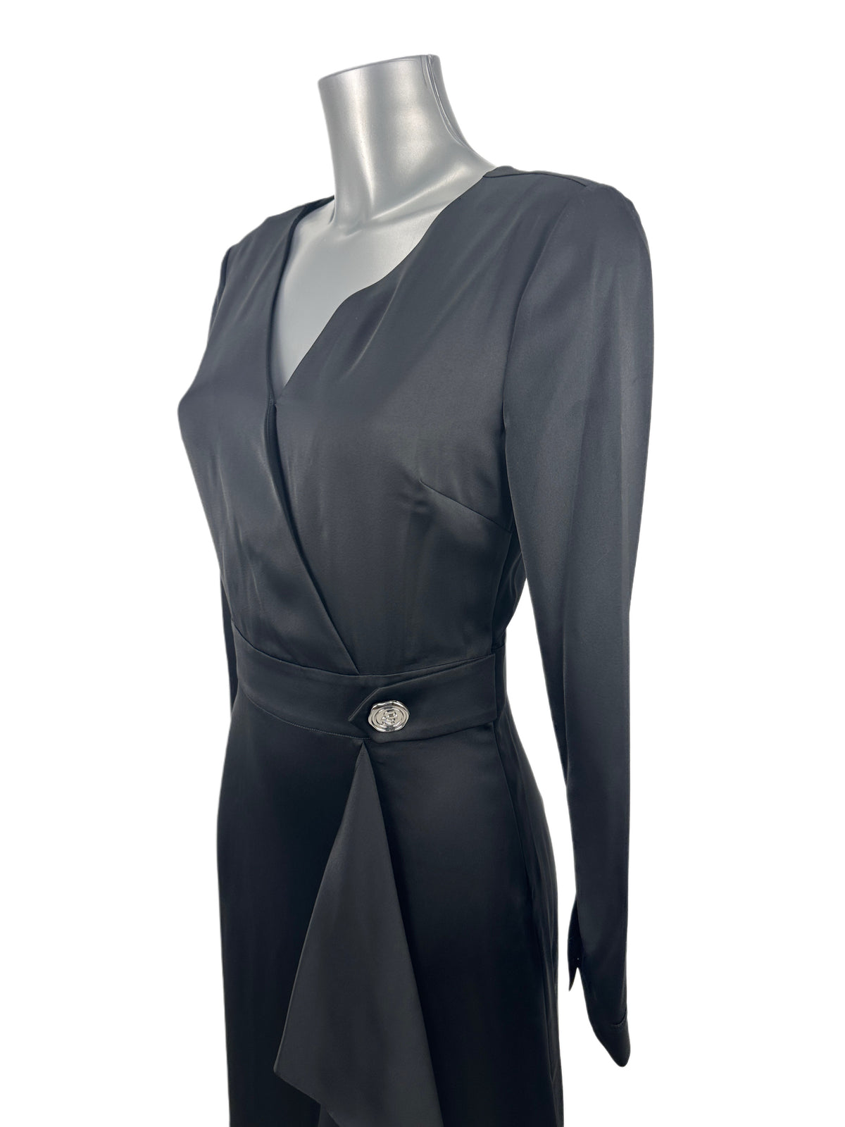 Seal Button Satin Dress - Black - S