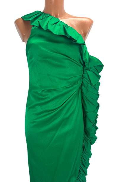 Asymmetric-Shoulder Sash Dress - Green - XS