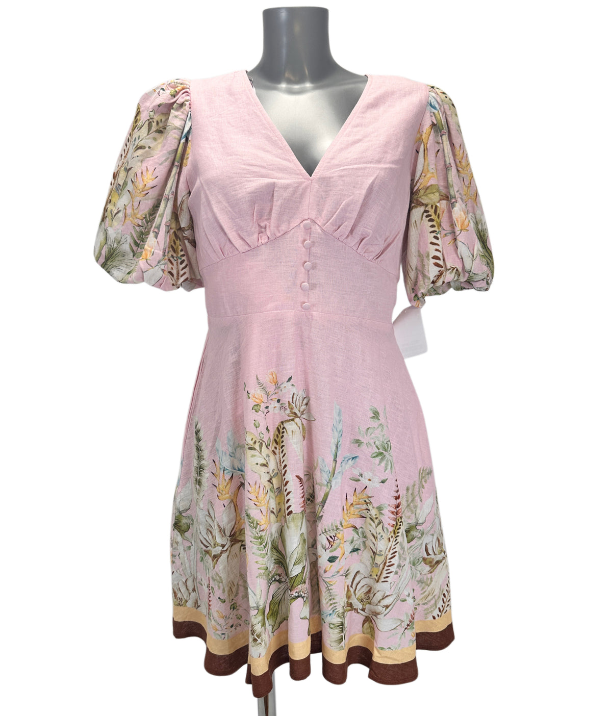 Floral Border Puff-Sleeve Linen Dress - Pink - M