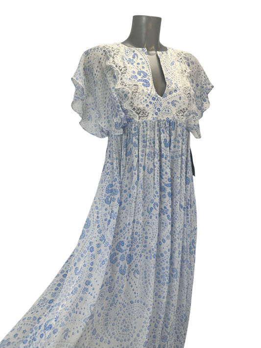 Empire-Waist Lace Dress - White/Blue - XS
