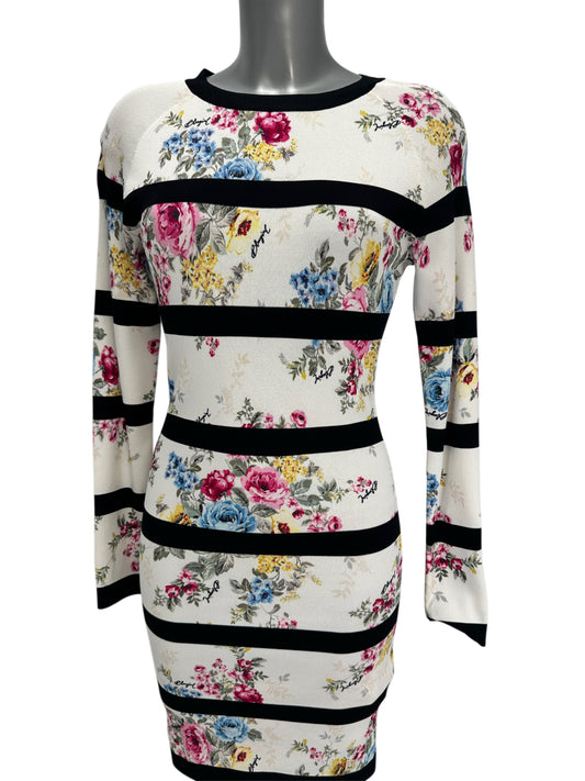 Striped Floral Dress - White Black - M