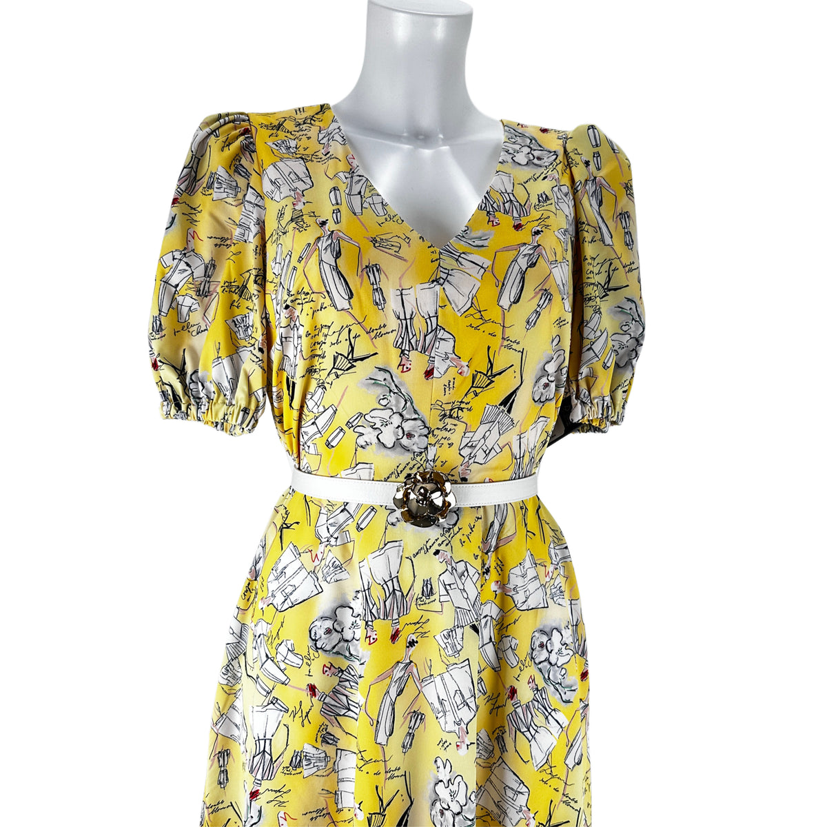 Sketch Print Belted Maxi Dress - Yellow/Print - US 4