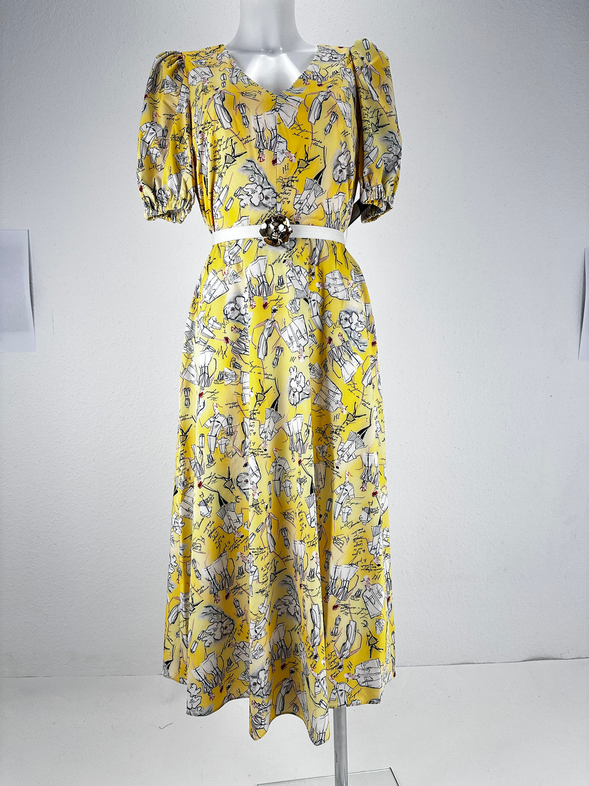 Sketch Print Belted Maxi Dress - Yellow/Print - US 4