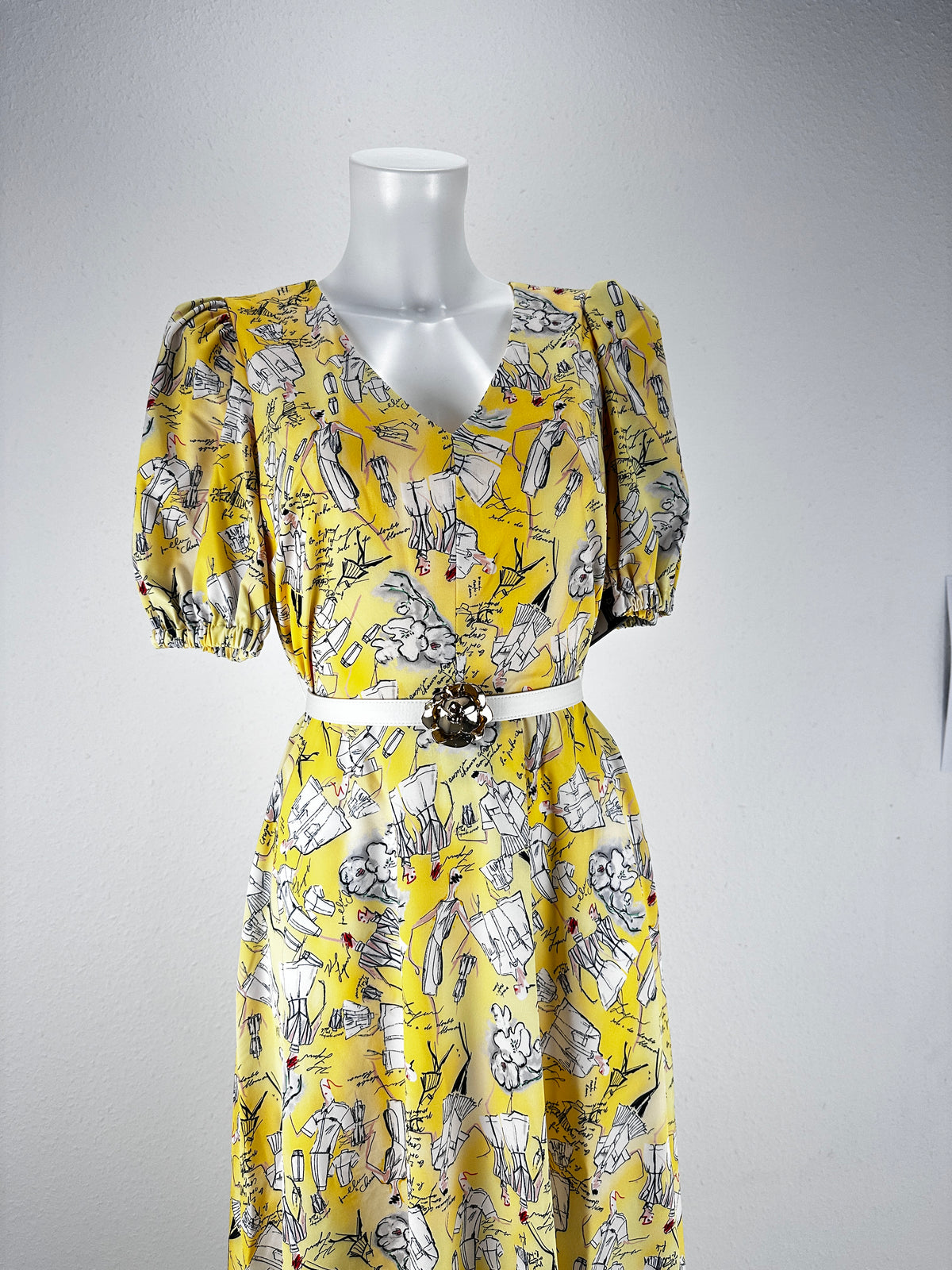 Sketch Print Belted Maxi Dress - Yellow/Print - US 4