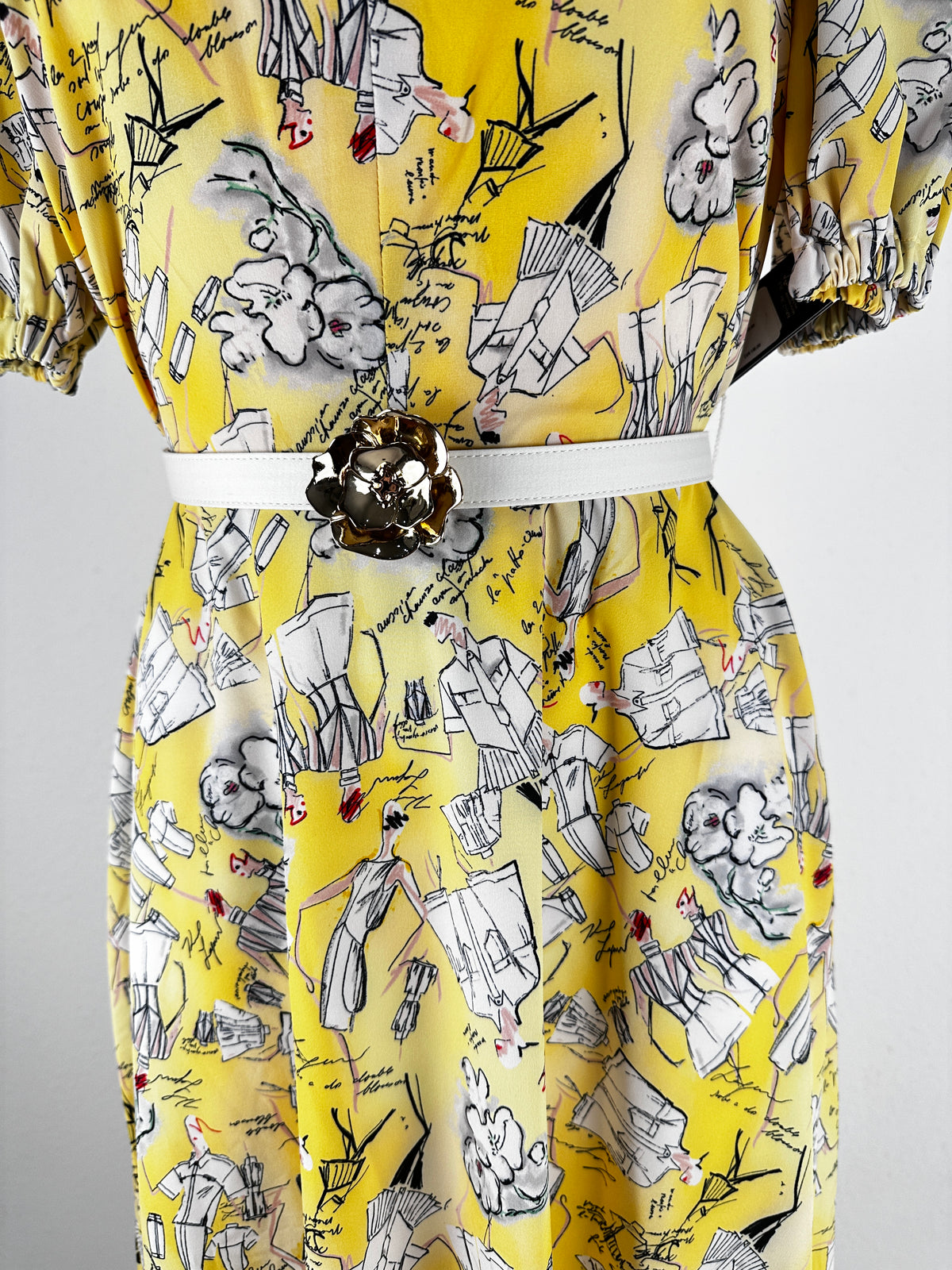 Sketch Print Belted Maxi Dress - Yellow/Print - US 4
