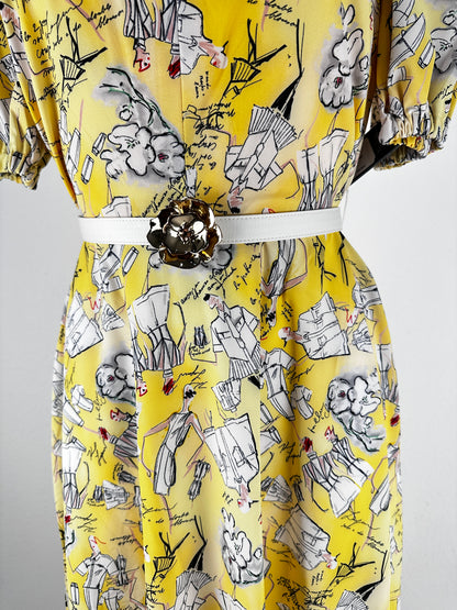 Sketch Print Belted Maxi Dress - Yellow/Print - US 4