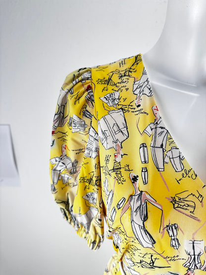 Sketch Print Belted Maxi Dress - Yellow/Print - US 4