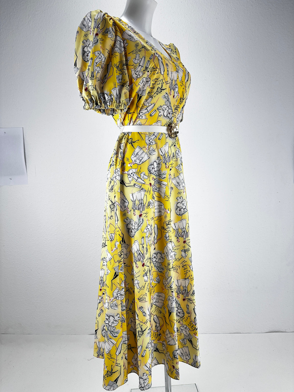 Sketch Print Belted Maxi Dress - Yellow/Print - US 4