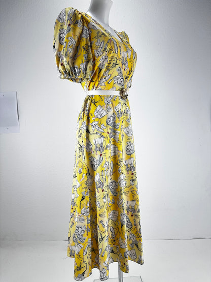 Sketch Print Belted Maxi Dress - Yellow/Print - US 4