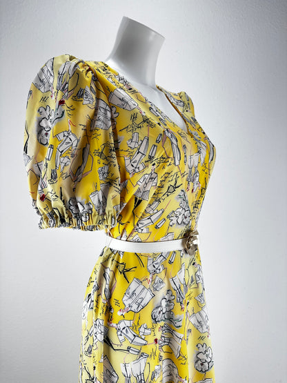Sketch Print Belted Maxi Dress - Yellow/Print - US 4