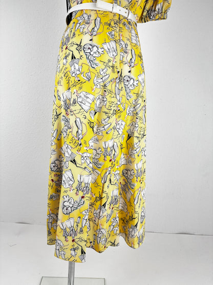 Sketch Print Belted Maxi Dress - Yellow/Print - US 4