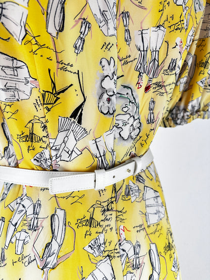 Sketch Print Belted Maxi Dress - Yellow/Print - US 4
