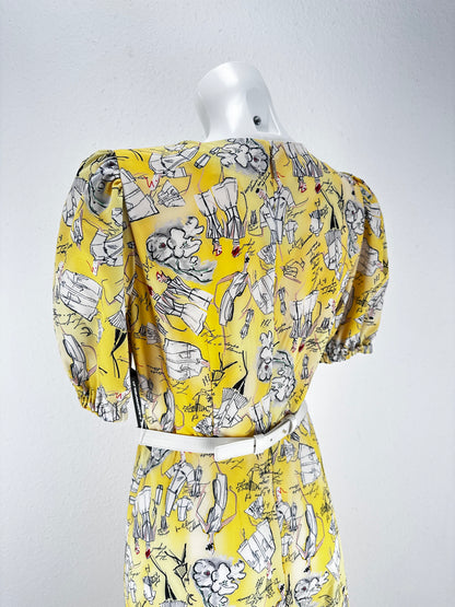 Sketch Print Belted Maxi Dress - Yellow/Print - US 4
