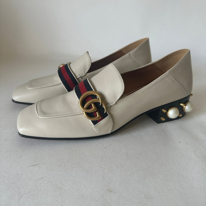Pearl-Embellished Block Heel Pumps - Creme - EU 40