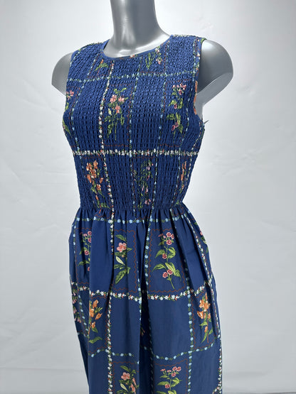 Smocked Floral Dress - Blue - S