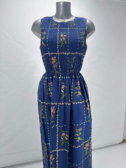Smocked Floral Dress - Blue - S