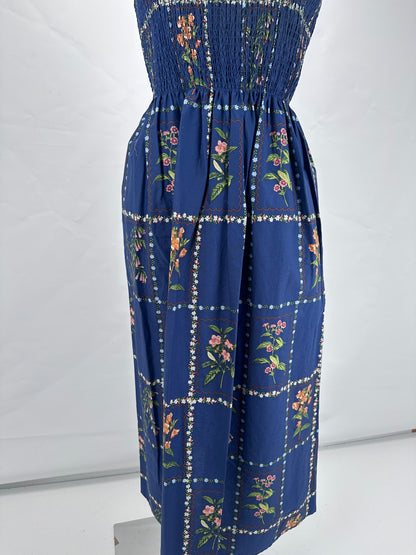 Smocked Floral Dress - Blue - S