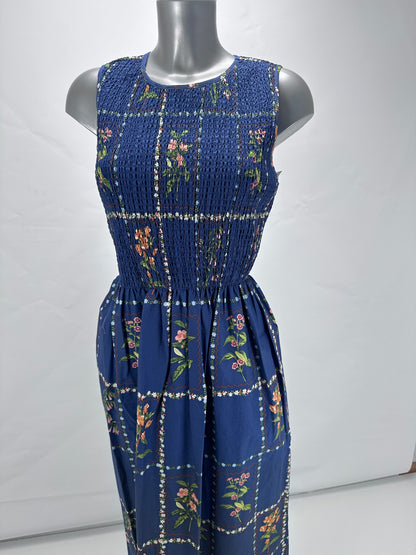 Smocked Floral Dress - Blue - S