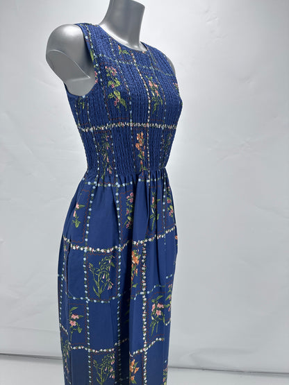 Smocked Floral Dress - Blue - S