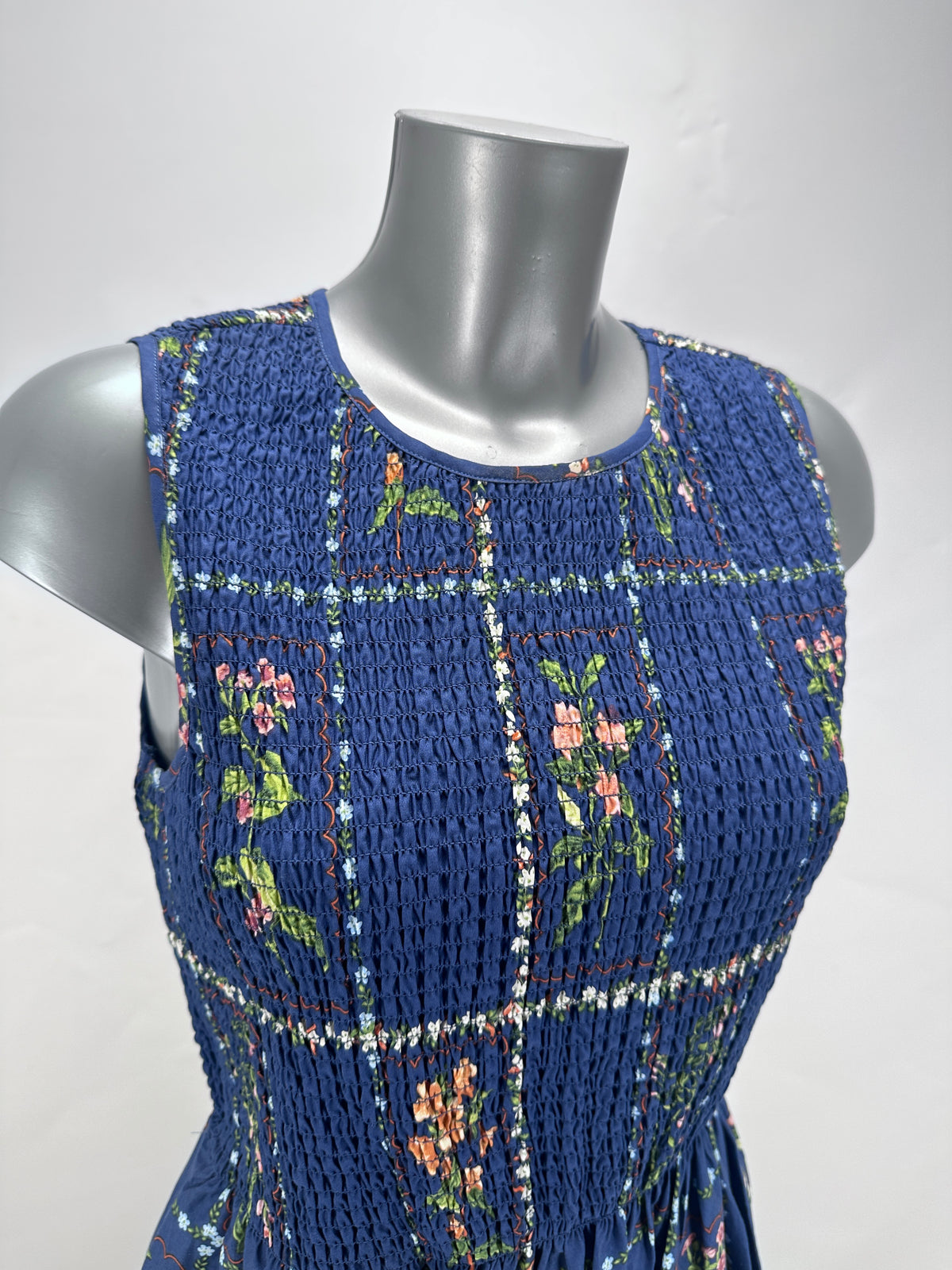 Smocked Floral Dress - Blue - S