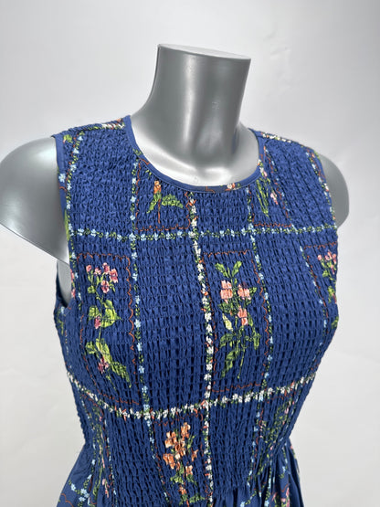Smocked Floral Dress - Blue - S