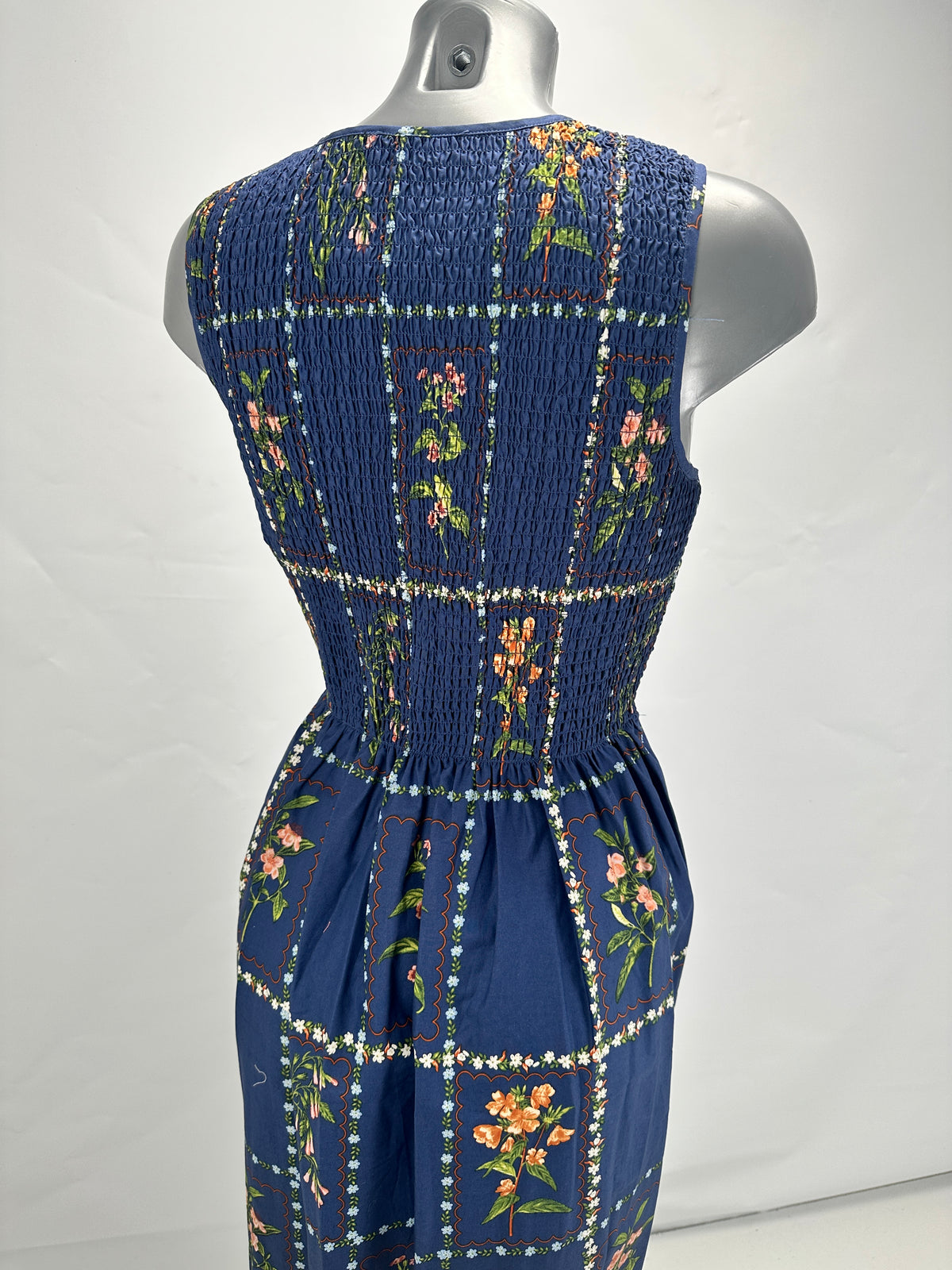 Smocked Floral Dress - Blue - S