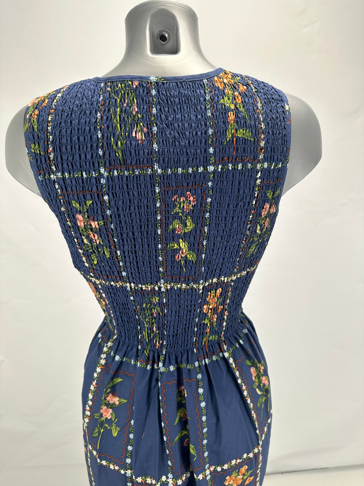Smocked Floral Dress - Blue - S