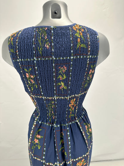 Smocked Floral Dress - Blue - S