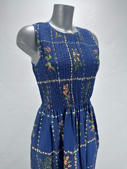 Smocked Floral Dress - Blue - S