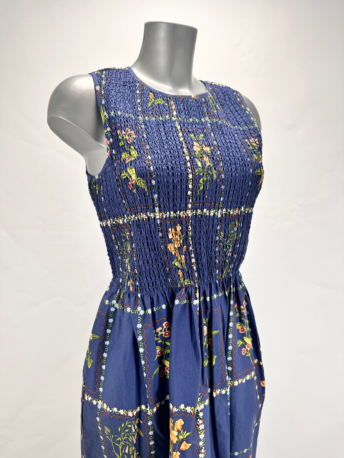Smocked Floral Dress - Blue - S