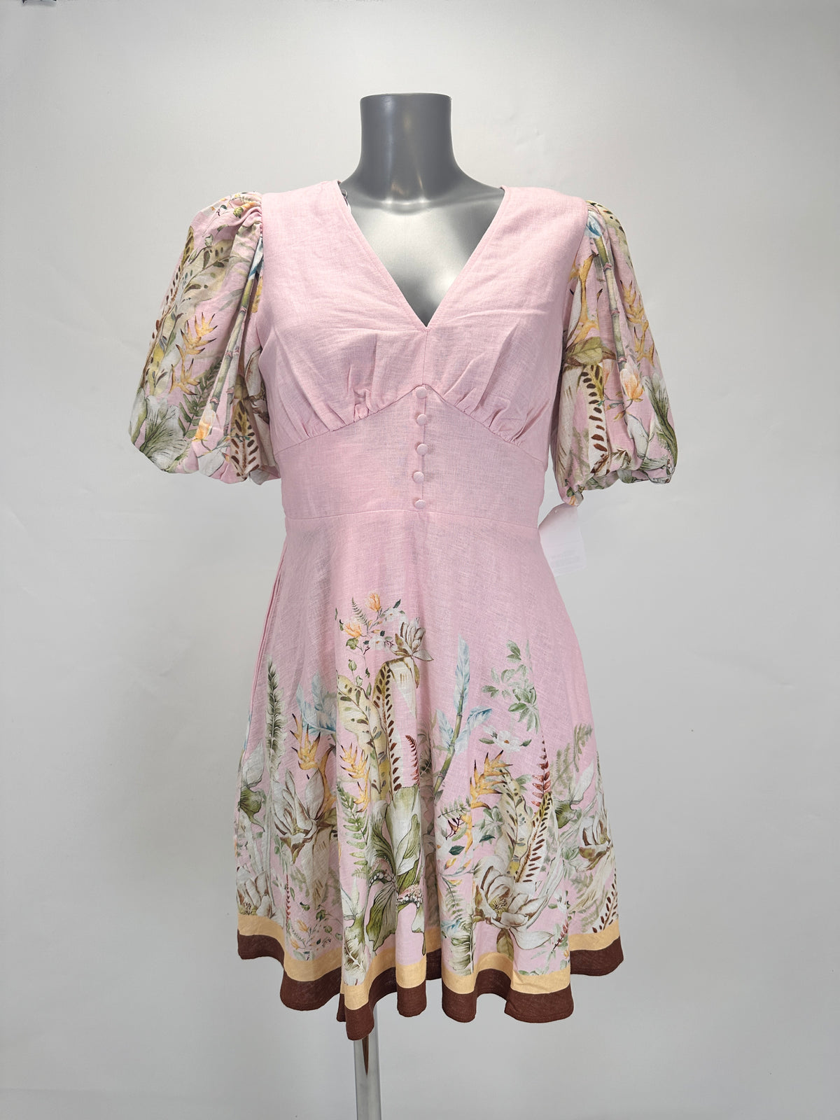 Floral Border Puff-Sleeve Linen Dress - Pink - M