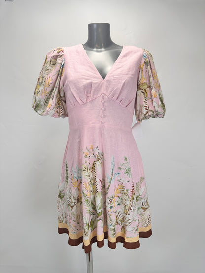 Floral Border Puff-Sleeve Linen Dress - Pink - M