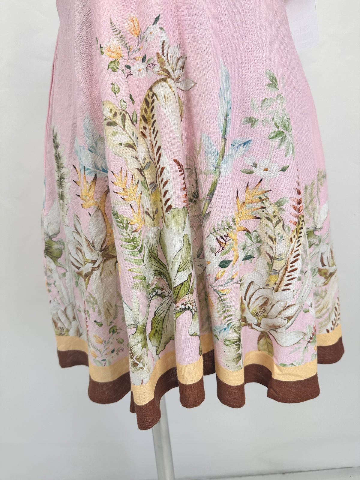Floral Border Puff-Sleeve Linen Dress - Pink - M