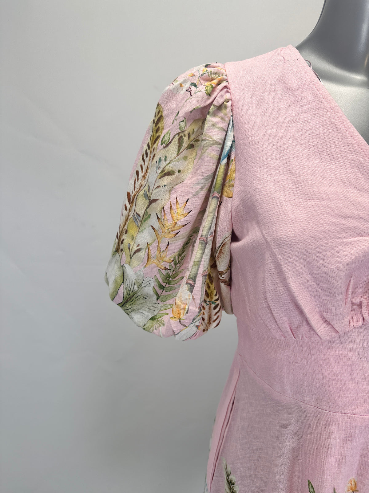 Floral Border Puff-Sleeve Linen Dress - Pink - M