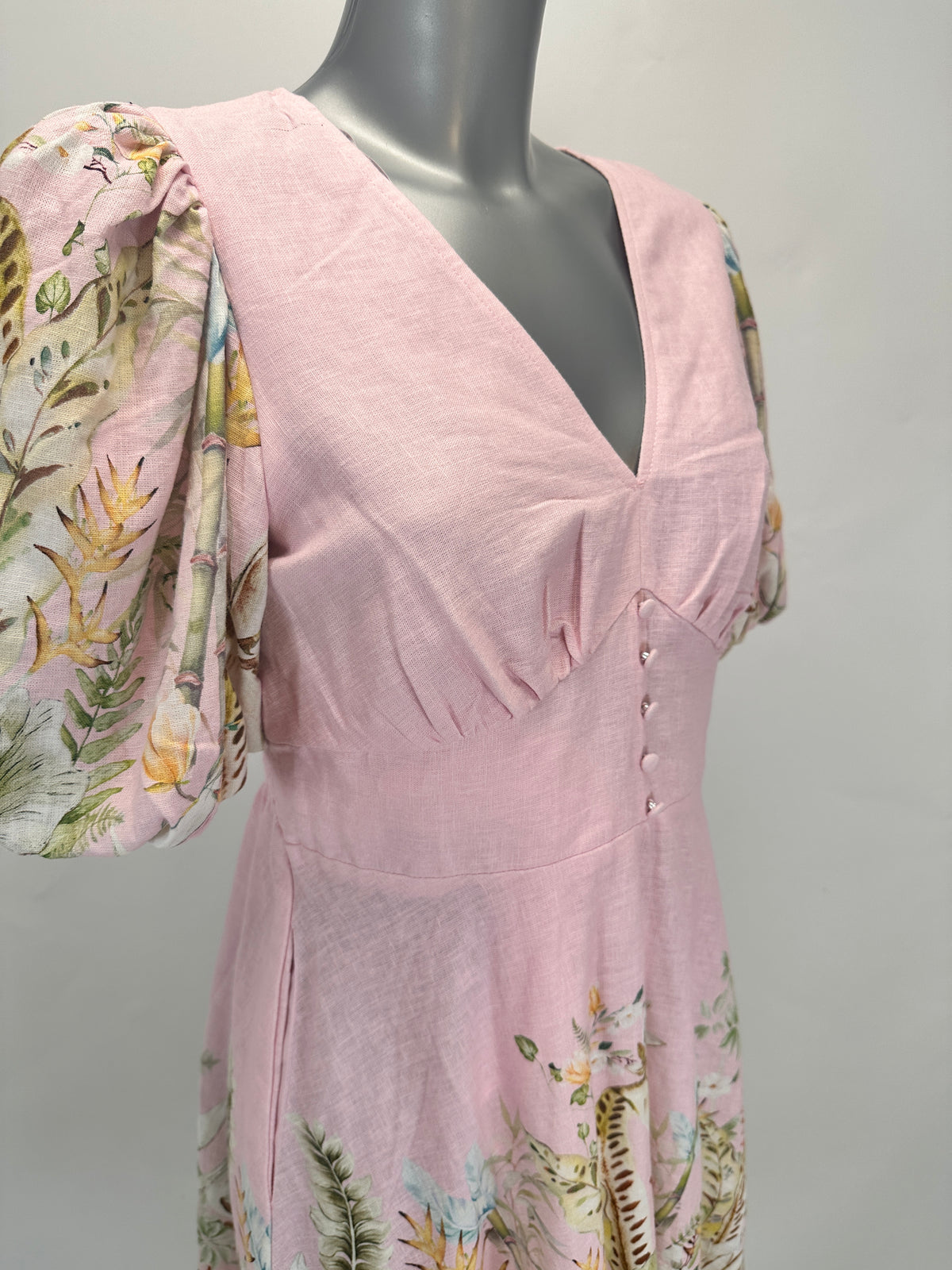 Floral Border Puff-Sleeve Linen Dress - Pink - M