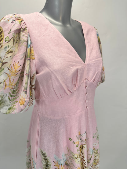 Floral Border Puff-Sleeve Linen Dress - Pink - M