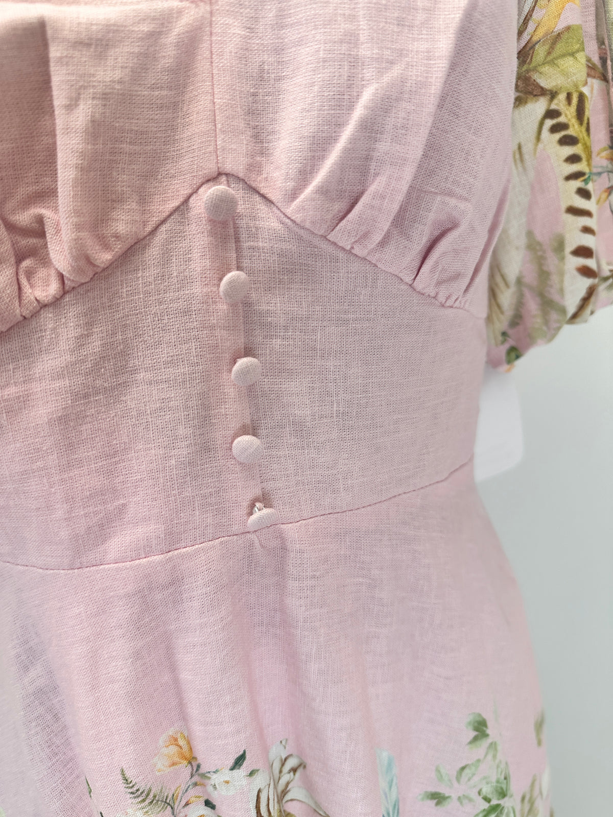 Floral Border Puff-Sleeve Linen Dress - Pink - M