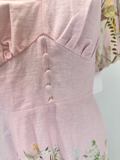 Floral Border Puff-Sleeve Linen Dress - Pink - M