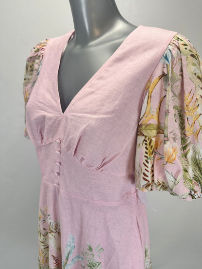 Floral Border Puff-Sleeve Linen Dress - Pink - M