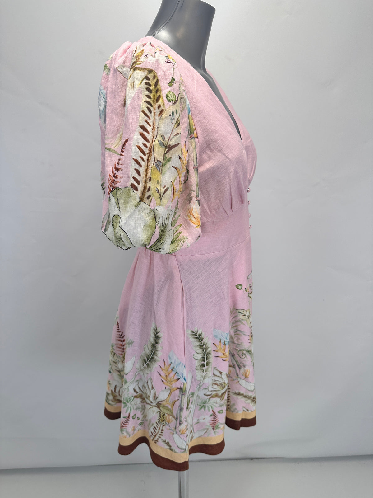 Floral Border Puff-Sleeve Linen Dress - Pink - M