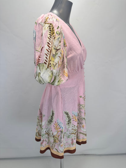 Floral Border Puff-Sleeve Linen Dress - Pink - M