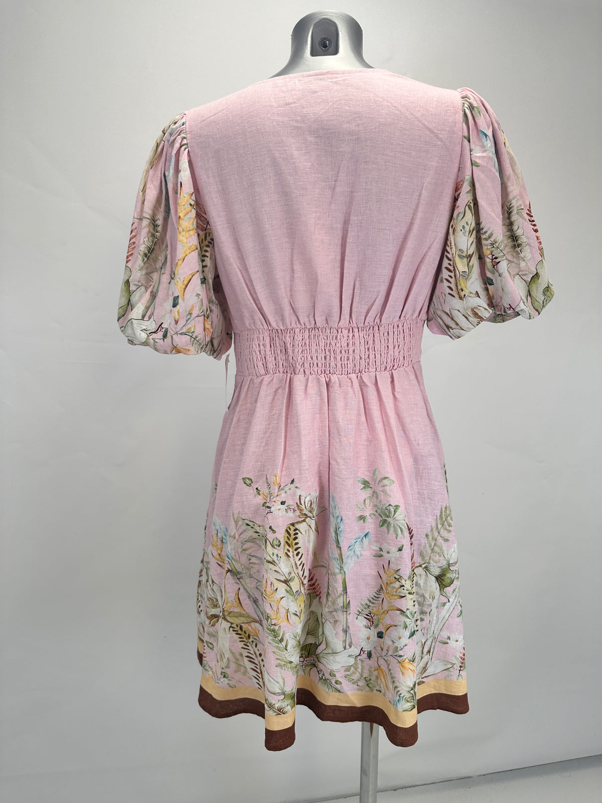 Floral Border Puff-Sleeve Linen Dress - Pink - M