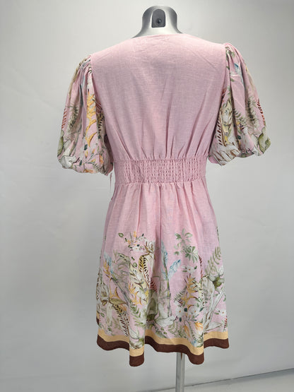Floral Border Puff-Sleeve Linen Dress - Pink - M