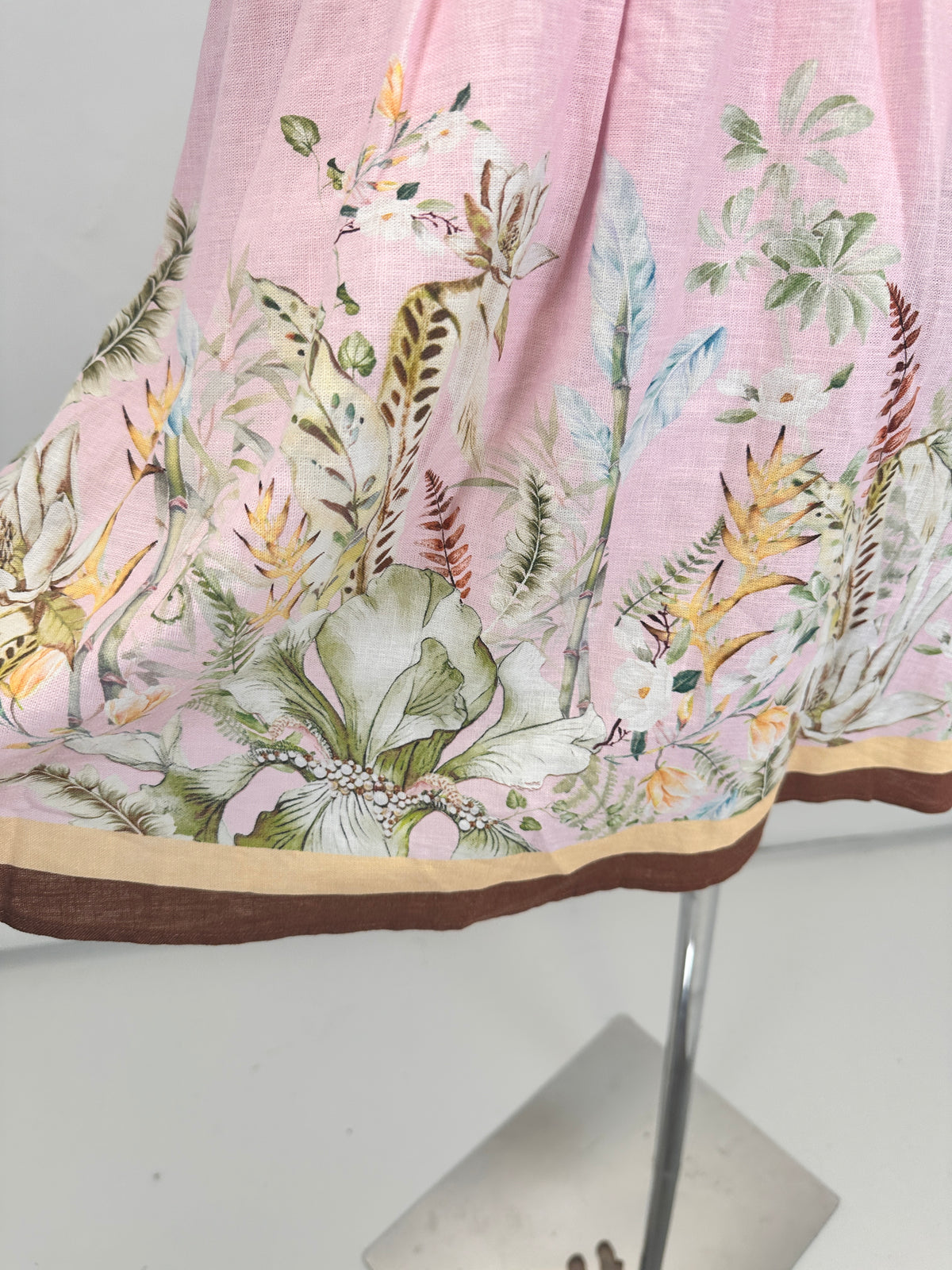 Floral Border Puff-Sleeve Linen Dress - Pink - M