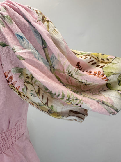 Floral Border Puff-Sleeve Linen Dress - Pink - M