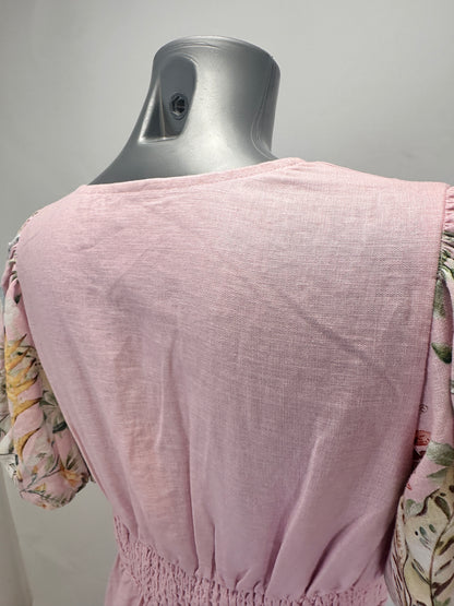 Floral Border Puff-Sleeve Linen Dress - Pink - M