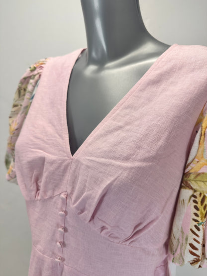 Floral Border Puff-Sleeve Linen Dress - Pink - M